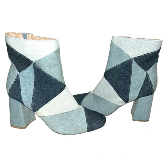 Blue Geometric Ankle Boots with Chunky Heel - Picture 2 of 6